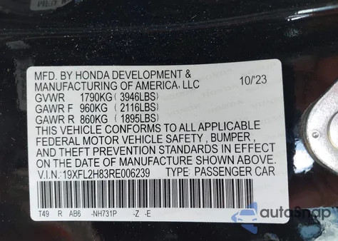 2024 Honda Civic Sport z USA, uszkodzony, nr VIN 19XFL2H83RE006239